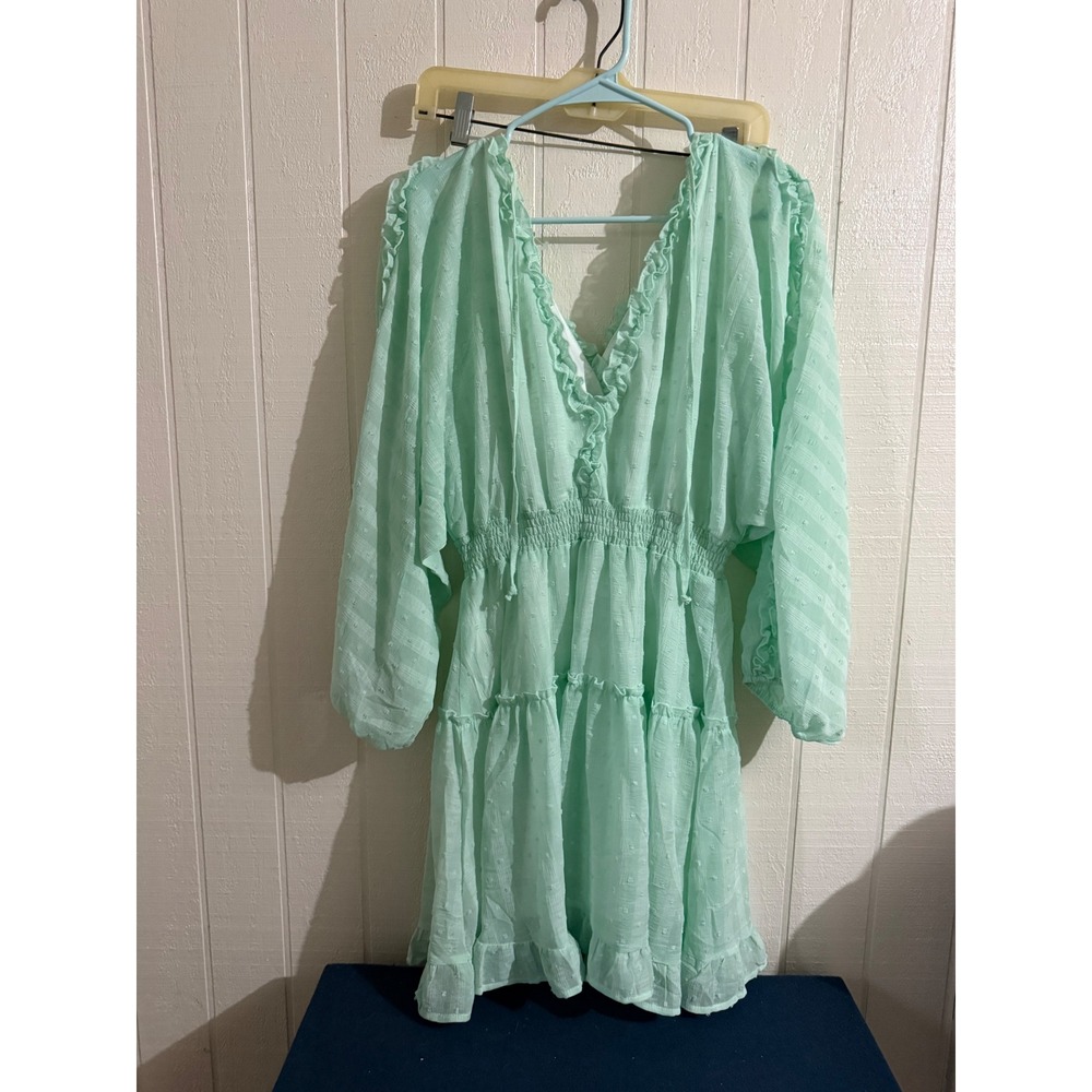Peach Love California Mint Green Swiss Dot Ruffle V-Neck Smocked Mini Dress M